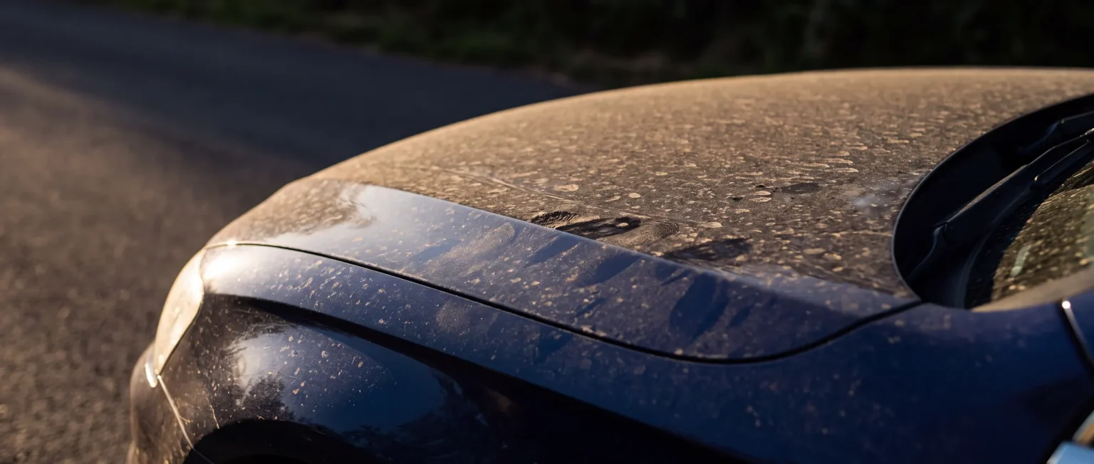 A midnight-blue bonnet before treatment, covered in dust and dried water spots